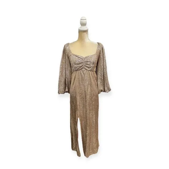 Show Me Your Mumu Sydney Gold Midi Dress Metallic Sparkles Size M Medium - Picture 2 of 11